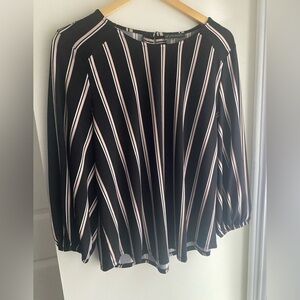 Adrianna Papell Striped Pink Black Blouse Peasant Long Sleeve Crew Neck